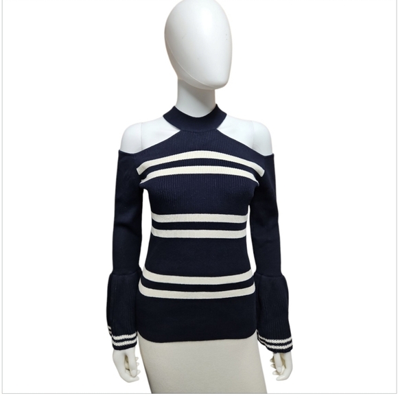 Self-Portrait Sweaters - SELF-PORTRAIT | Cold Shoulder Striped Ruffle Sweater in Size Medium